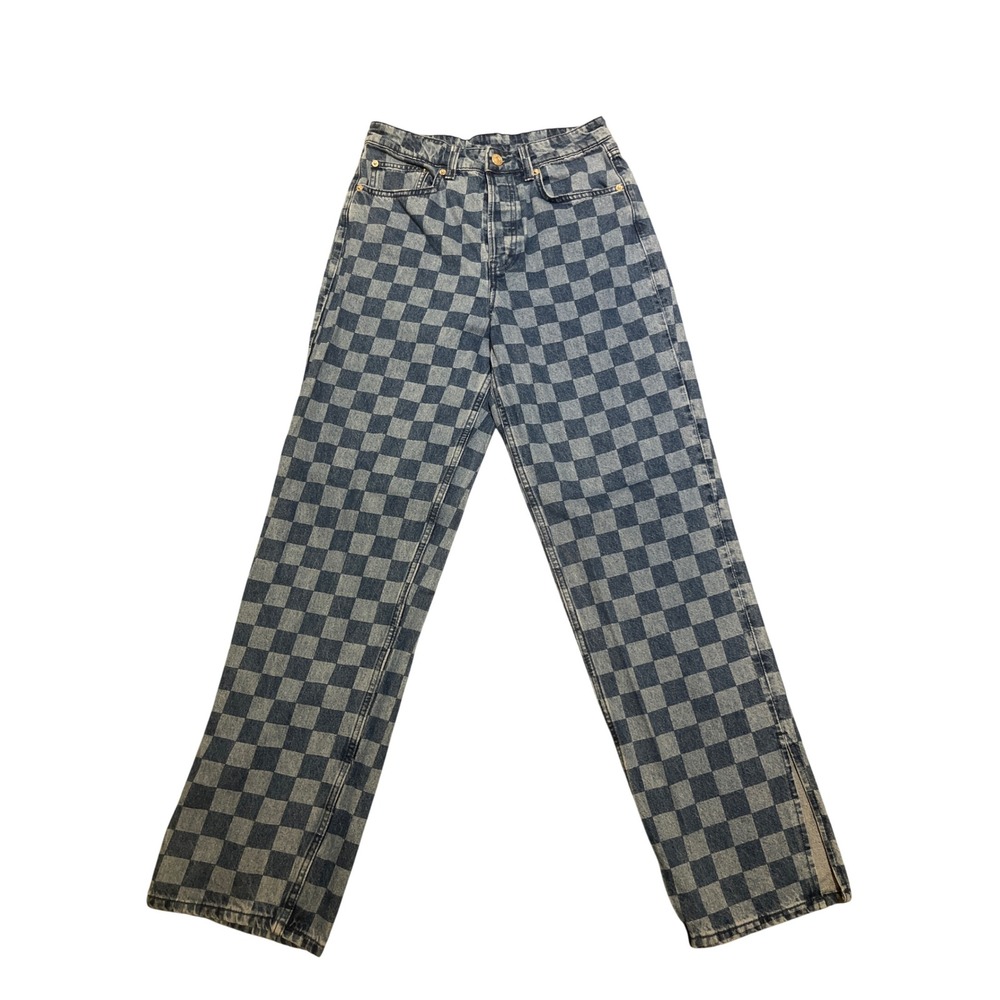 HM Divided Jeans Women's‎ Size 4 Checkerboard Straight Leg Blue Grey High Rise
